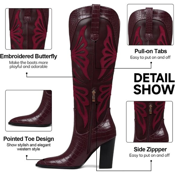Women's Burgundy Pointed Toe Chunky High Heels Butterfly Cowgirl Boots Wide Calf - Picture 5 of 7